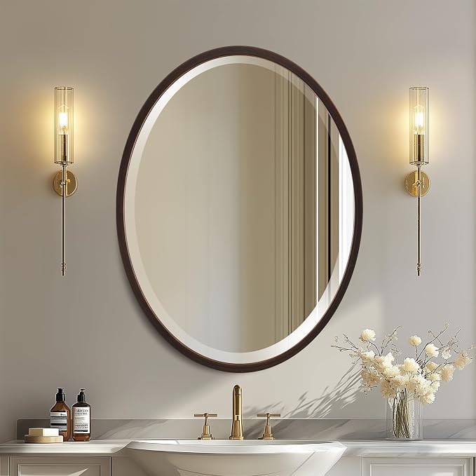 OVALCREST - Oval Wooden Beveled Wall Mirror for Home Decor, Bathroom, Vanity, Bedroom, Living Room, Hallway - London Style (Rubbed Bronze) 31.1 x 25.1