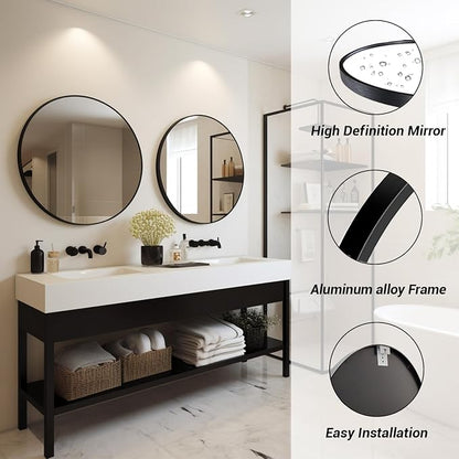 Sunniry Round Mirror 28 inch, Round Black Mirror, Circle Bathroom Mirrors Metal Frame, Wall Mounted Circle Mirrors for Bathroom, Living Room, Hallway, Farmhouse.