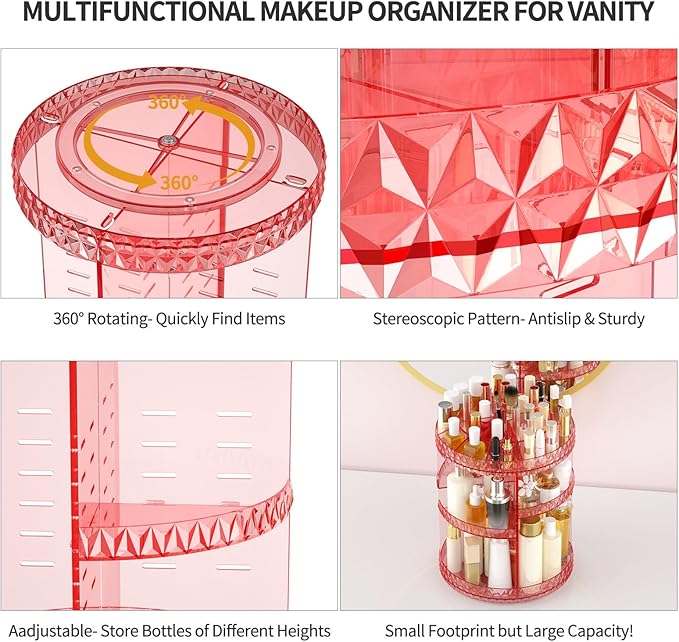 360 Rotating Makeup Organizer, DIY Adjustable Cosmetics Organizer[Patented Product], Professional Acrylic Make Up Caddy Shelf Storage Perfume, Lipsticks, Makeup Brushes or Accessories (Pink)