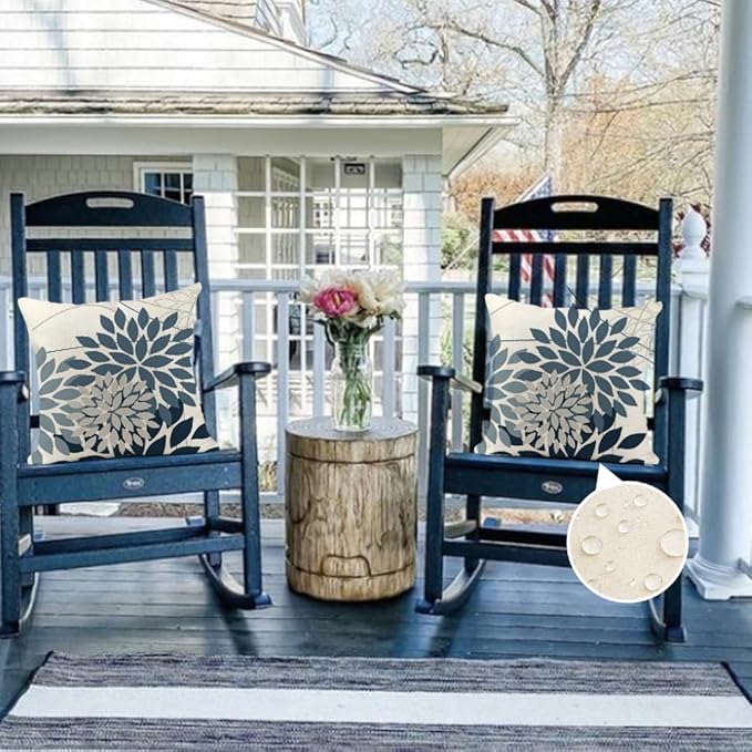 RABUSOFA Outdoor Pillow Covers 20x20 Inch Set of 2 Gray Blue Flower Decorative Waterproof Floral Outdoor Cushion Covers for Patio Funiture Garden Couch Decor