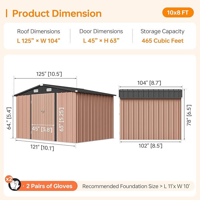 8x10 FT Outdoor Storage Shed, Utility Steel Tool Shed with Lockable Door and Air Vents, Galvanized Metal Shed for Garden Backyard Patio Lawn (8'x10', Brown)