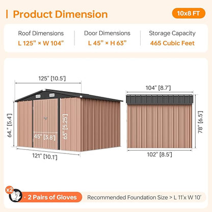 8x10 FT Outdoor Storage Shed, Utility Steel Tool Shed with Lockable Door and Air Vents, Galvanized Metal Shed for Garden Backyard Patio Lawn (8'x10', Brown)