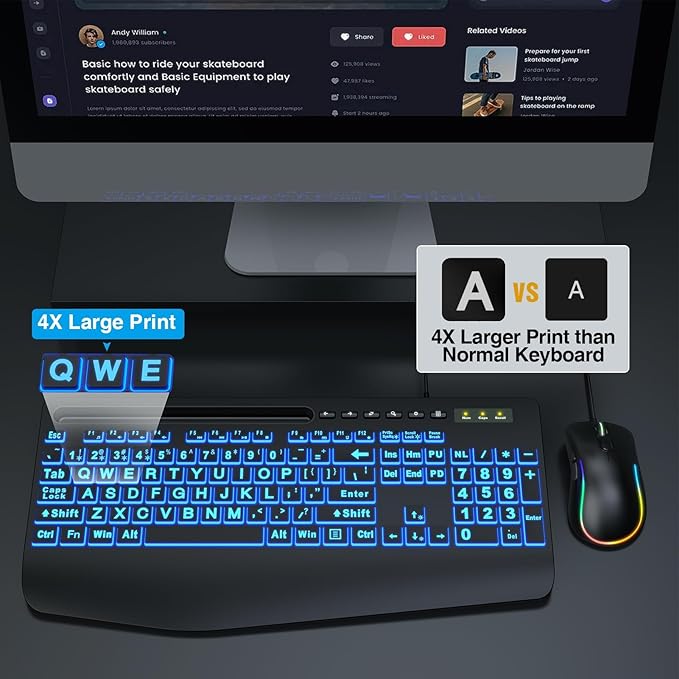 Wired Keyboard Mouse Combo - Large Print Backlit, Ergonomic Wrist Rest, 6 DPI RGB for PC/Windows - Ideal for Seniors, Students, Office and Home SABLUTE