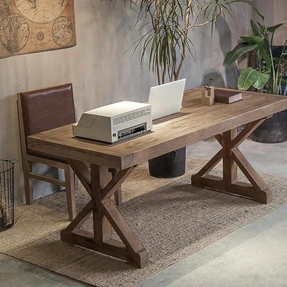 homary 59.1" Rustic Solid Wood Desk, Home Office Desk with Trestle Base, Executive Writing Table for Home Office, Study Room or Dining Space, Natural Finish