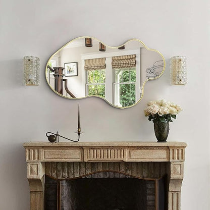 Irregular Wall Mirror, 30"x18" Asymmetrical Decorative Accent Mirror with Gold Metal Frame, Organic Shape Mirrors for Entryway Bedroom Living Room, Horizontal or Vertical Hanging ﻿