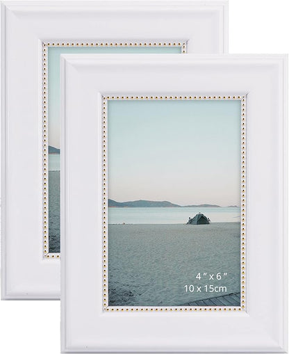 GraduationMall 4x6 Picture Frames, Real Glass, Display Photos for Wall or Tabletop, White with Gold Beads, 2-Pack