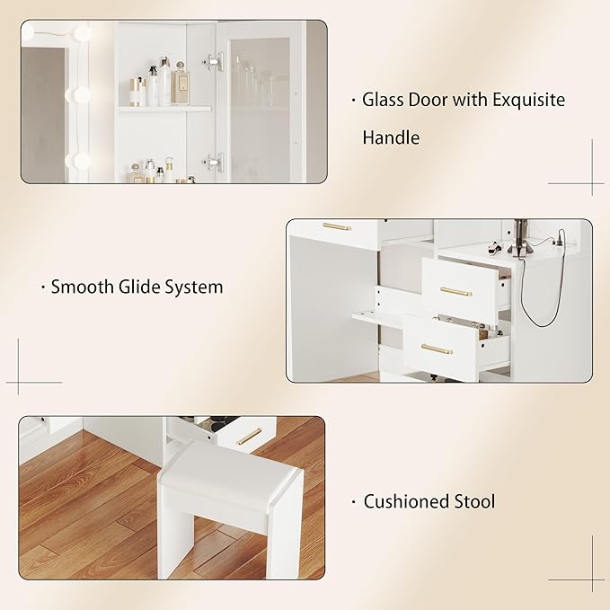 58.2” Vanity Desk with Mirror and Lights & Charging Station, Bedroom Dressing Table, Large Vanity Set with Cushioned Stool, 8 Drawers and 2 Cabinets, Makeup Vanity Table with Charging Station
