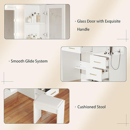 58.2” Vanity Desk with Mirror and Lights & Charging Station, Bedroom Dressing Table, Large Vanity Set with Cushioned Stool, 8 Drawers and 2 Cabinets, Makeup Vanity Table with Charging Station