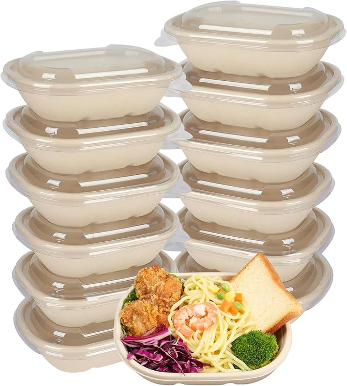20 oz Disposable salad bowls with lids, Sugarcane Fiber Paper Bowls take away Bagasse food containers meal prep deli container 50 Pack