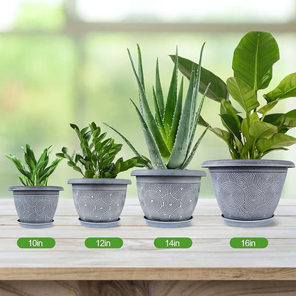 10 Inch Flower Pots Planters for Indoor Outdoor Plants, 3 Pack Plastic Large Plant Pots with Drainage Hole & Tray, Modern Decorative Garden Pot with Saucer, Plant Container for House