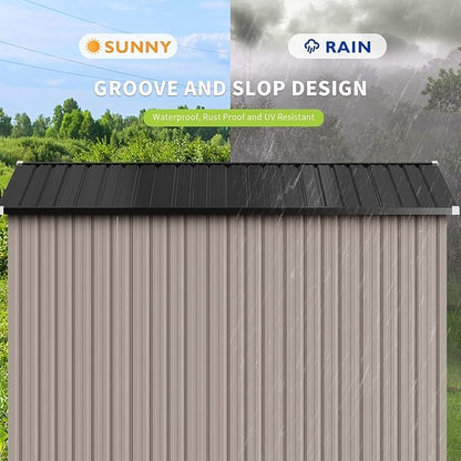 Aoxun 10x8 FT Outdoor Storage Shed with Double Hinged Large Door Utility Garden Shed with Lockable Door & Sloped Roof Metal Sheds Outdoor Storage for Garden, Backyard, Patio and Backyard, Brown
