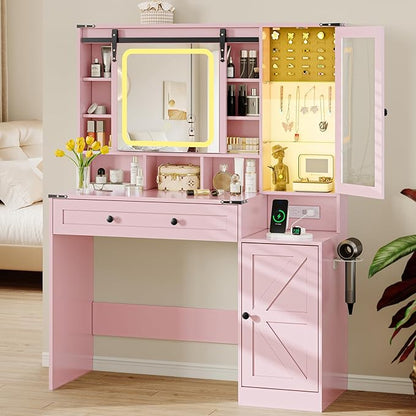 Makeup Vanity Desk with Sliding Mirror and Lights, Farmhouse Vanity Table Set with Power Outlet & RGB Cabinet, Dressing Table with Storage Drawers & Shelves for Kids Girls Women Bedroom, Pink