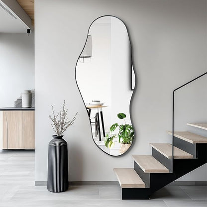 Irregular Wall Mirror, 47"x20.5" Asymmetrical Decorative Accent Mirror with Black Metal Frame, Organic Shape Mirrors for Entryway Bedroom Living Room, Horizontal or Vertical Hanging