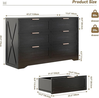 Modern 6 Drawer Dresser for Bedroom, Dresser Chest of Drawer with Large Drawers & Golden Handles, Wooden Dressers Drawer Storage Unit for Bedroom, Living Room, Closet (Black)