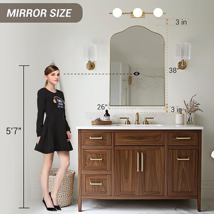 ANDY STAR Brass Scalloped Arched Wall Mirror, 26x38 Brushed Gold Irregular Bathroom Mirror with Curved Design for Vanity, Powder Room, Fireplace, Mantel, with Stainless Steel Metal Frame