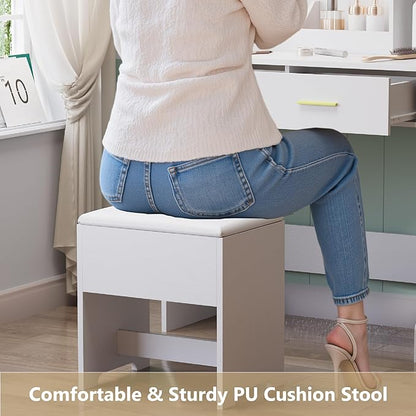 Vanity Mirror With Lights Desk And Chair, Small Makeup Vanity Set with Charging Station, Dressing Table with 2 Large Drawers, RGB Ambient Light, 3 Lighting Modes & Adjustable Brightness, White