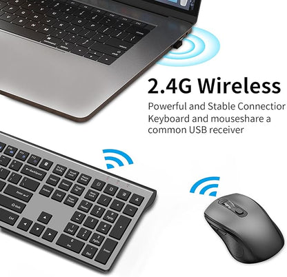 Keyboard and Mouse Wireless, Slim Full Size Keyboard with Calculator Button, Fn Lock, Silent Computer Mouse with Side Button, 2400 DPI, 2.4G USB Cordless Set for Laptop PC Windows Mac -Gray