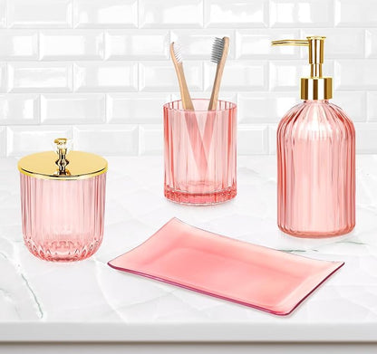 Haturi Bathroom Accessories Set, 4 Pcs Pink Glass Bathroom Accessories Sets Complete w/Lotion Soap Dispenser, Toothbrush Holder, Apothecary Jar, Vanity Tray, Bathroom Decor, Gift for Home Apartment