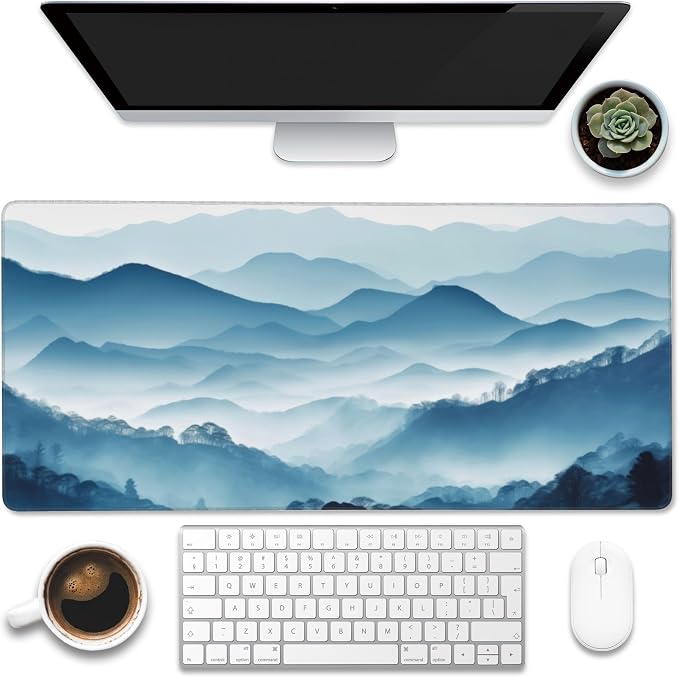 Large Gaming Mouse Pad, Mountain Desk Mat, Misty Forest Mountains Desk Pad