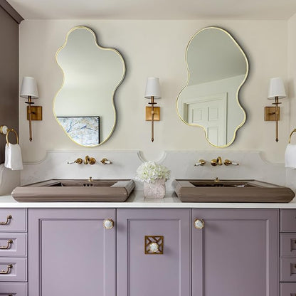 Irregular Wall Mirror, 30"x18" Asymmetrical Decorative Accent Mirror with Gold Metal Frame, Organic Shape Mirrors for Entryway Bedroom Living Room, Horizontal or Vertical Hanging ﻿