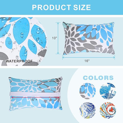 JMGBird Outdoor Pillow for Chaise Lounge Chair Set of 4 Waterproof Headrest Pillow Lumbar Pillows with Insert & Adjustable Elastic Strap for Beach Poolside Patio Office, 10x16 Inch