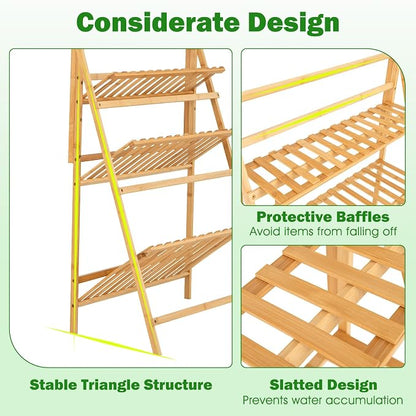 Giantex Plant Stand Indoor Outdoor - Bamboo 3-Tier Hanging Tall Ladder Flower Pot Display Organizer Rack w/Height Adjustable Rod, Folding Plant Shelf Holder for Living Room Corner Patio Garden Balcony