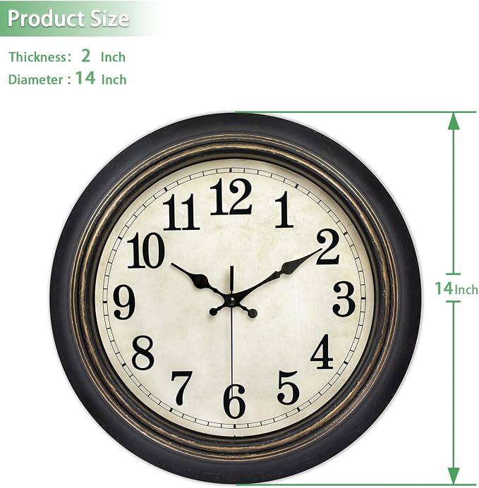 45MinST 14 Inches Retro Wall Clock, Silent Non Ticking Battery Operated Movement, Home/Wall Decor, Easy to Read, Decorate Bedroom/Living Room/Office with Arabic/Roman(Arabic)