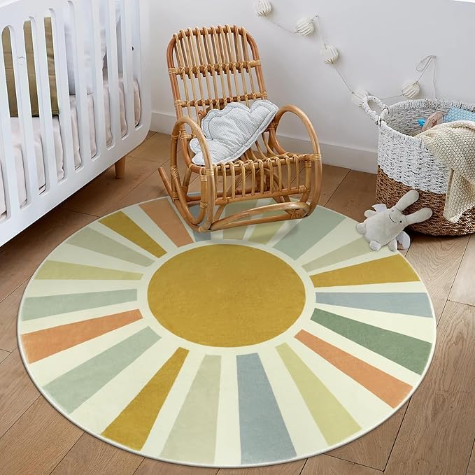 STARUIA Boho Round Rug 4 Ft Washable Area Rug for Kids Room, Colorful Sun Circle Rug for Playroom, Non-Slip Circular Office Carpet Soft Rainbow Rug for Bedroom Reading Corner Dorm