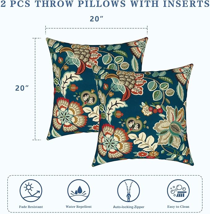 LVTXIII Outdoor Throw Pillows, Decorative Throw Pillows with Inserts, 20"x20" Square Pillows for Bed, Couch, Sofa and Patio Furniture, Set of 2, Peacock Blue