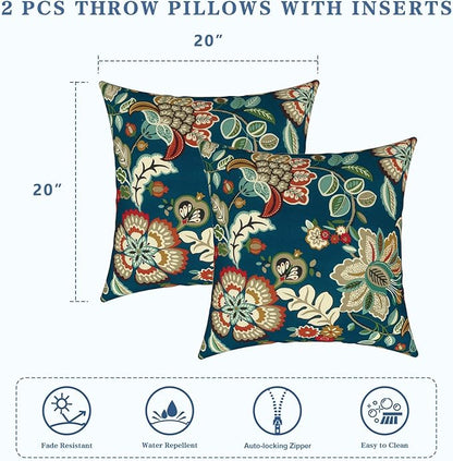 LVTXIII Outdoor Throw Pillows, Decorative Throw Pillows with Inserts, 20"x20" Square Pillows for Bed, Couch, Sofa and Patio Furniture, Set of 2, Peacock Blue