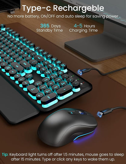 Wireless Keyboard and Mouse Backlit - Typewriter Keyboard with Magnetic Wrist Rest, Retro Round Keycaps, Light Up Letters, 2.4GHz Cordless Combo for Mac, Windows, PC, Laptop, Trueque [Upgraded]