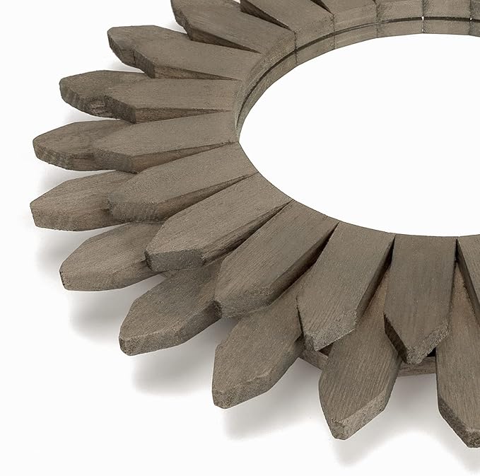 Honiway Farmhouse Wall Decor Mirror 12 inch Sunburst Boho Wood Mirror Rustic Home Decor Room Decoration for Bedroom Living Room Weathered Grey