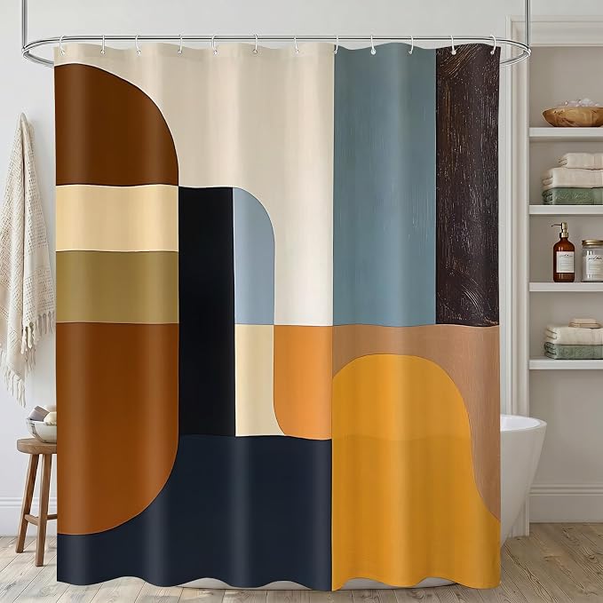 Brown Mid Century Shower Curtain, Abstract Geometric Modern Pattern, Navy Blue and Yellow Boho Bathroom Decor, Retro Art Waterproof Fabric Bath with Hooks, 59x70 Inch
