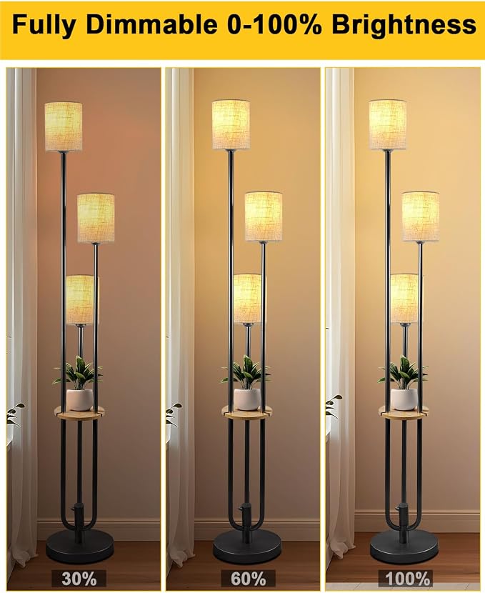 Lightdot 64Inch Floor Lamp with Table Dimmable Black Floor Lamp for Living Room 3 Lights Mid Century Modern Tall Standing Lamp with 5Lbs Heavy Base for Bedroom/Sofa Beside/Corner Decor(Bulbs Included