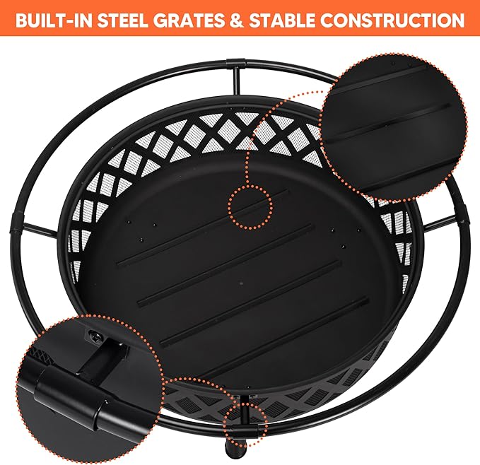 SUNCREAT 42” Patio Fire Pit Wood Burning with Mesh Spark Screen, Bonfire Outdoor firepit with Fireplace Poker, Black