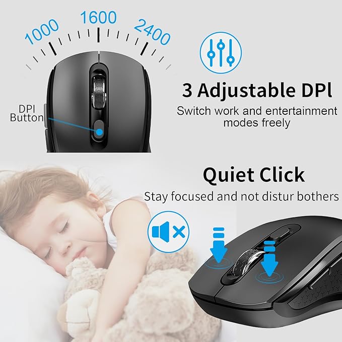 Keyboard and Mouse Wireless, Slim Full Size Keyboard with Calculator Button, Fn Lock, Silent Computer Mouse with Side Button, 2400 DPI, 2.4G USB Cordless Set for Laptop PC Windows Mac -Black