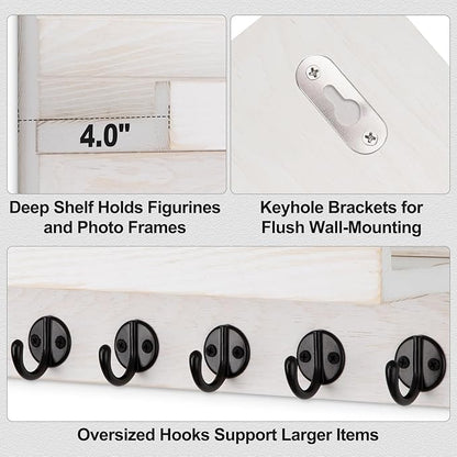 Lwenki Key Holder Wall Mount, Entryway Key and Mail Holder with 7 Sturdy Hooks for Sunglasses, Dog Leash, Decorative Wall Shelf with Mounting Hardware, 15”W x 6.7”H x 4.2”D