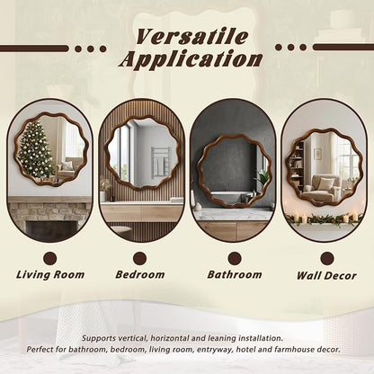 Elountik 36 Inch Wavy Round Solid Wood Frame Mirror with Black Walnut Finish, Decorative Wall Mirror for Living Room, Bathroom, Bedroom or Entryway