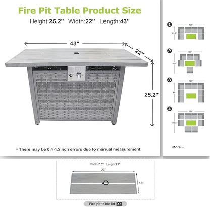 43" Rectangular Propane Fire Pit for Outside Patio 2 in 1, 50,000 BTU Fireplaces with Lid, Glass Rocks, Cover