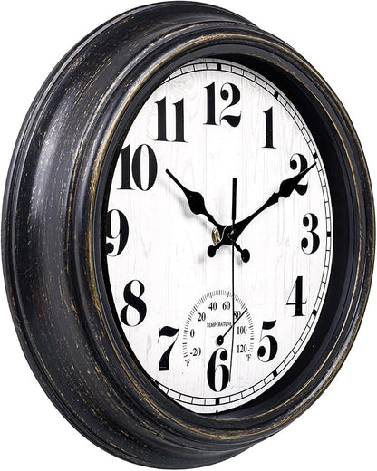 45MinST 12 Inch Indoor/Outdoor Retro Round Waterproof Wall Clock with Thermometer, Silent Non Ticking Battery Operated Quality Quartz Wall Clock Home/Patio Decor(Black Gold)