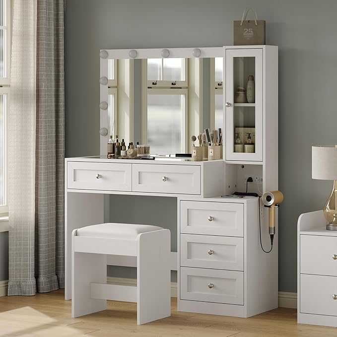 43" W Vanity Desk with Mirror & 11 Lights, 5 Drawer Modern Makeup Desk with Glass top & Cushioned Stool, 3 Lighting Modes Brightness Adjustable,Power Outlet,Bedroom，White