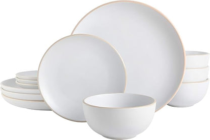 Gibson Home Rockaway 12-Piece Round Stoneware Dinnerware Set, Service for 4 – White Plates and Bowls, Modern Matte Finish, Microwave & Dishwasher Safe