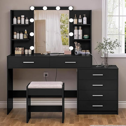 Vanity Desk with Mirror & Lights, Makeup Vanity with 6 Drawers, 6 Open Shelves and Power Outlet, 48” Storage Makeup Vanity Desk with Stool Bench for Women, Girls, Bedroom, Black