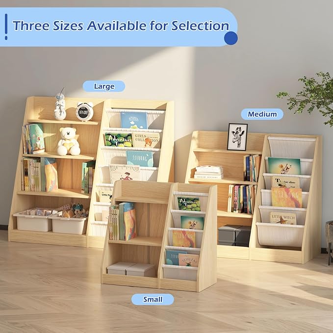 4 Tier Kids Bookshelf Baby Toddler Book Rack Children Bookcase Toy Storage Organizer with 6 Sling Adjustable Shelf for Nursery Playroom Classroom Library Bedroom Natural Wood