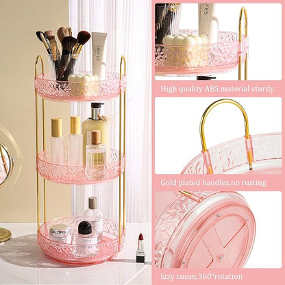 Fangoo 3 Tiers Pink Rotating Makeup Organizer for Vanity, 360 Spinning Skincare Organizers for Dresser Perfume Organizer Large Skincare Make Up Storage Cosmetic Organizer for Bathroom Countertop