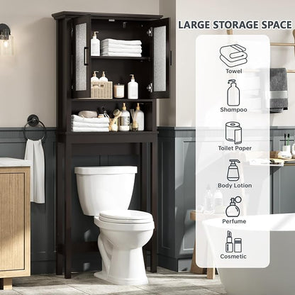 Over The Toilet Storage Cabinet, Over Toilet Bathroom Organizer with Glass Doors and Adjustable Shelf, Thicken Frame Above Toilet Storage Cabinet Behind Toilet Bathroom Organizer, Espresso