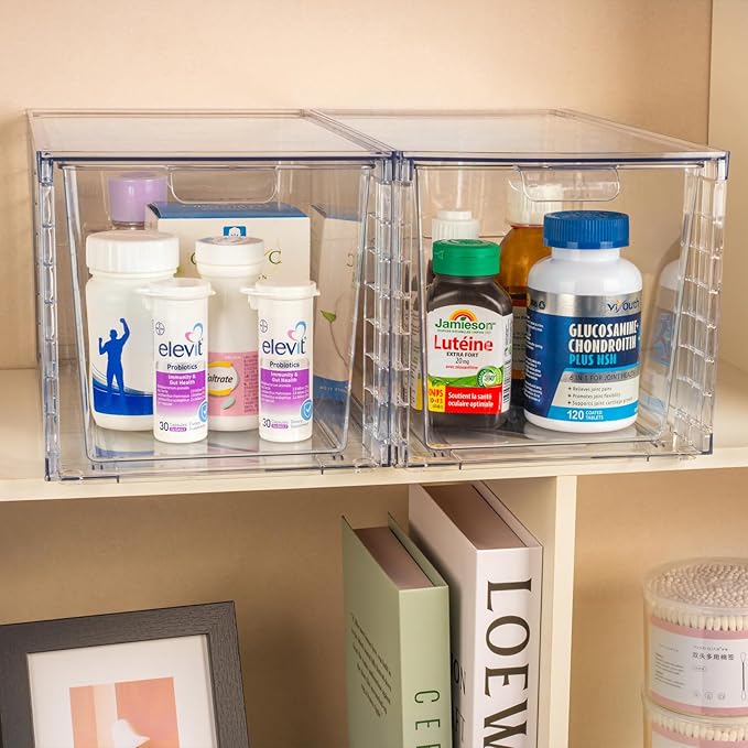 4Pack Large Stackable Storage Drawers,Clear Acrylic Organizers with Handle,Easily Assemble for Kitchen Undersink,Bathroom,Cabinet,Makeup,Closet,Medicine,Pantry Organization Bins