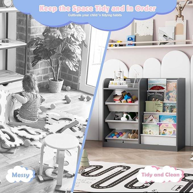 Grey Kids Wood Bookshelf Toy Storage Box Organizer Shelf W/4 Removable Plastic Toy Bins Children Bookcase Toddler Baby Sling Book Rack Cabinet Chest Girl Boy Gift Playroom Classroom Bedroom Nursery