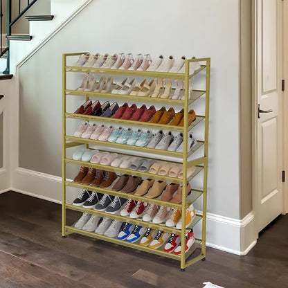 NEYCIL Large Shoe Rack 8 Tier Shoe Organizer, Heavy Duty Metal 4-Tier Stackable Shoe Storage Vertical Shoe Rack for Closet Front Door Entrance, Up to 50 Pairs, 44.8" W x 11.4" D x 56.7" H, Gold