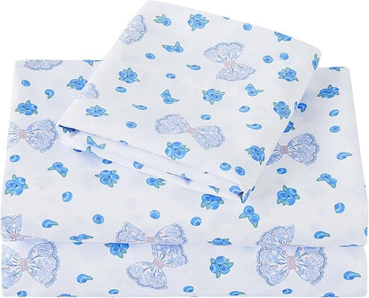 Viviland 3 Pieces Girls Blueberry Twin Sheet Set - Soft Microfiber Fitted Flat Sheets & Pillowcase - Blue Bow Blueberry Bedding Sets - for Kids & Toddlers